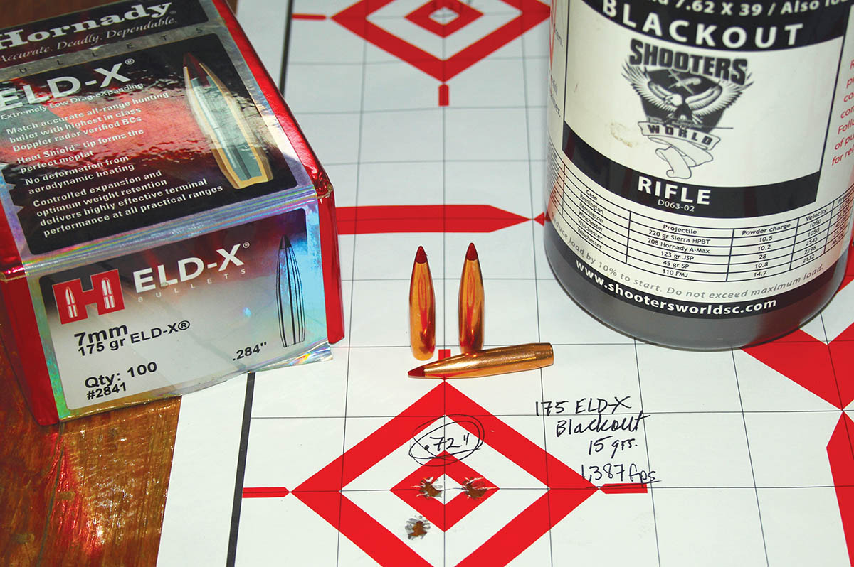 While substantially above subsonic velocities, 15 grains of Shooters World Blackout beneath Hornady’s 175-grain ELD-X grouped into less than ¾-inch, while pushing 1,387 fps. Blackout loses about 100 fps per grain of powder subtracted.